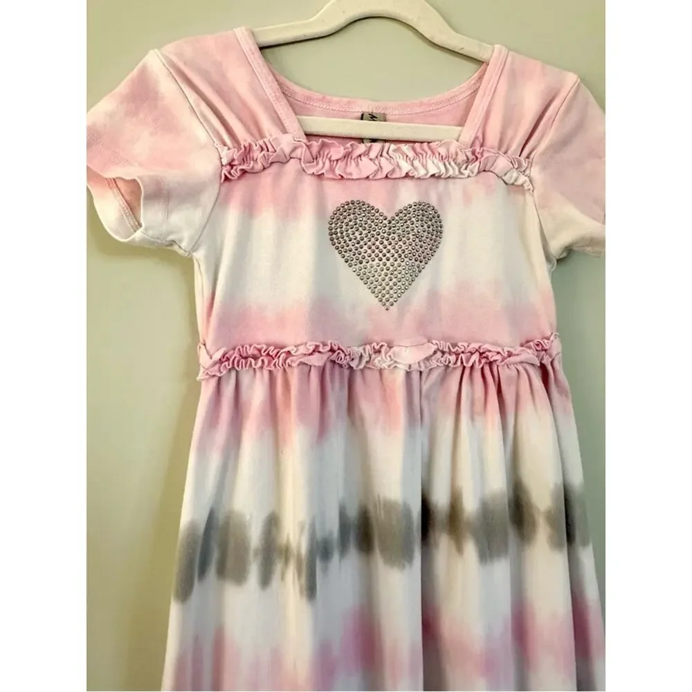 Vintage Girls Tie Dye Dress Rhinestone Heart Ruffle Empire Waist Size 8 Boho